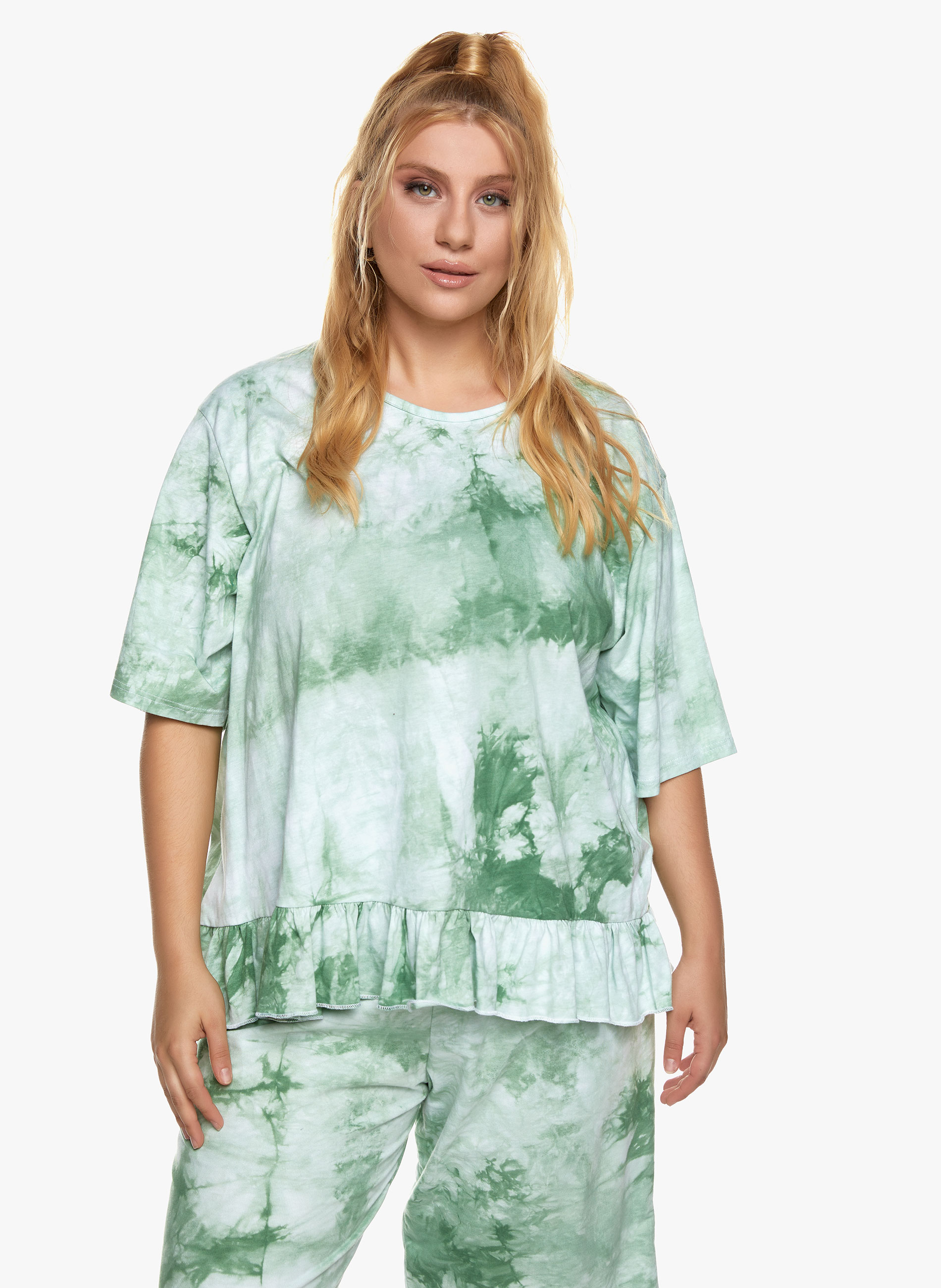 Βαμβακερή Μπλούζα με Βολάν Tie Dye Πράσινο ΜΠΛΟΥΖΕΣ > BASIC