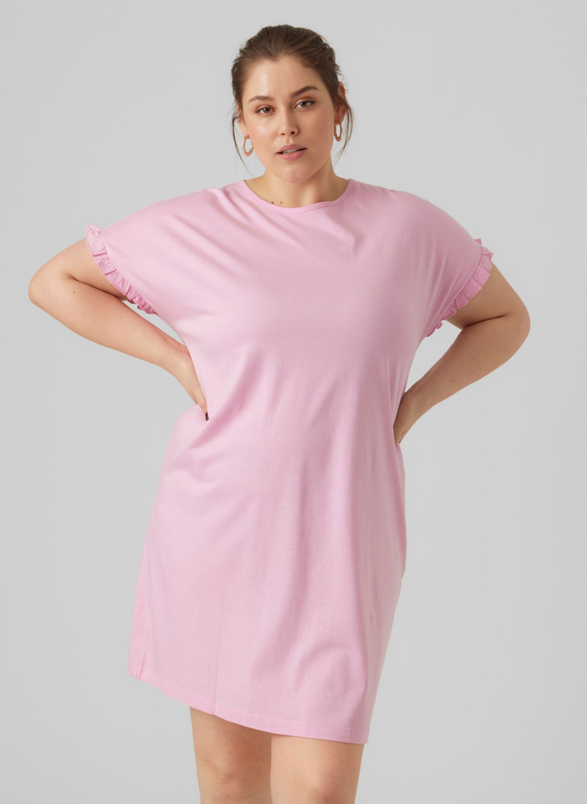 Φόρεμα Τουνίκ Βισκόζης Ροζ με Βολάν στο Μανίκι ΜΕΓΑΛΑ ΜΕΓΕΘΗ ΦΟΡΕΜΑΤΑ