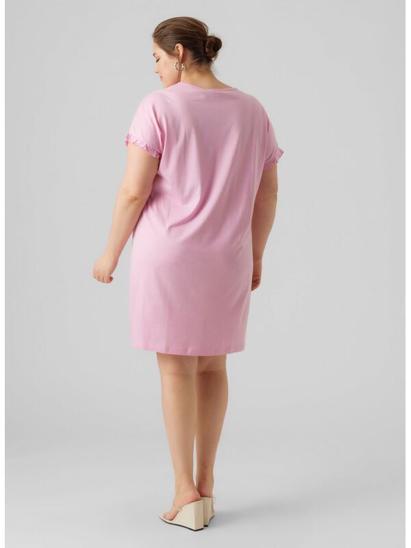 Φόρεμα Τουνίκ Βισκόζης Ροζ με Βολάν στο Μανίκι veromoda-regularfito-halscurvealmindeligeaermerkortkjole-lyseroed-_7_ Maniags