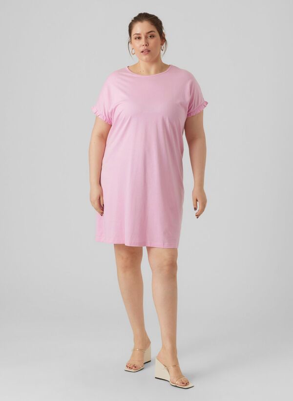 Φόρεμα Τουνίκ Βισκόζης Ροζ με Βολάν στο Μανίκι veromoda-regularfito-halscurvealmindeligeaermerkortkjole-lyseroed-_5_ Maniags