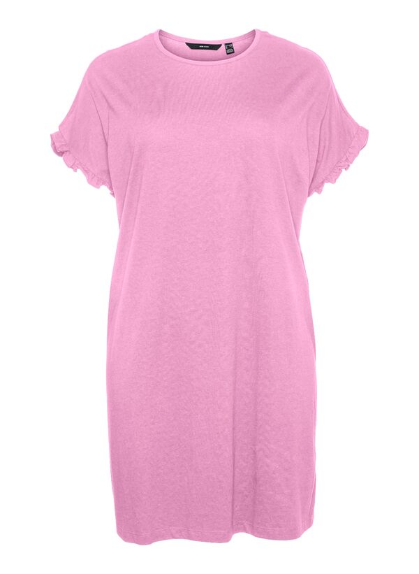 Φόρεμα Τουνίκ Βισκόζης Ροζ με Βολάν στο Μανίκι veromoda-regularfito-halscurvealmindeligeaermerkortkjole-lyseroed Maniags